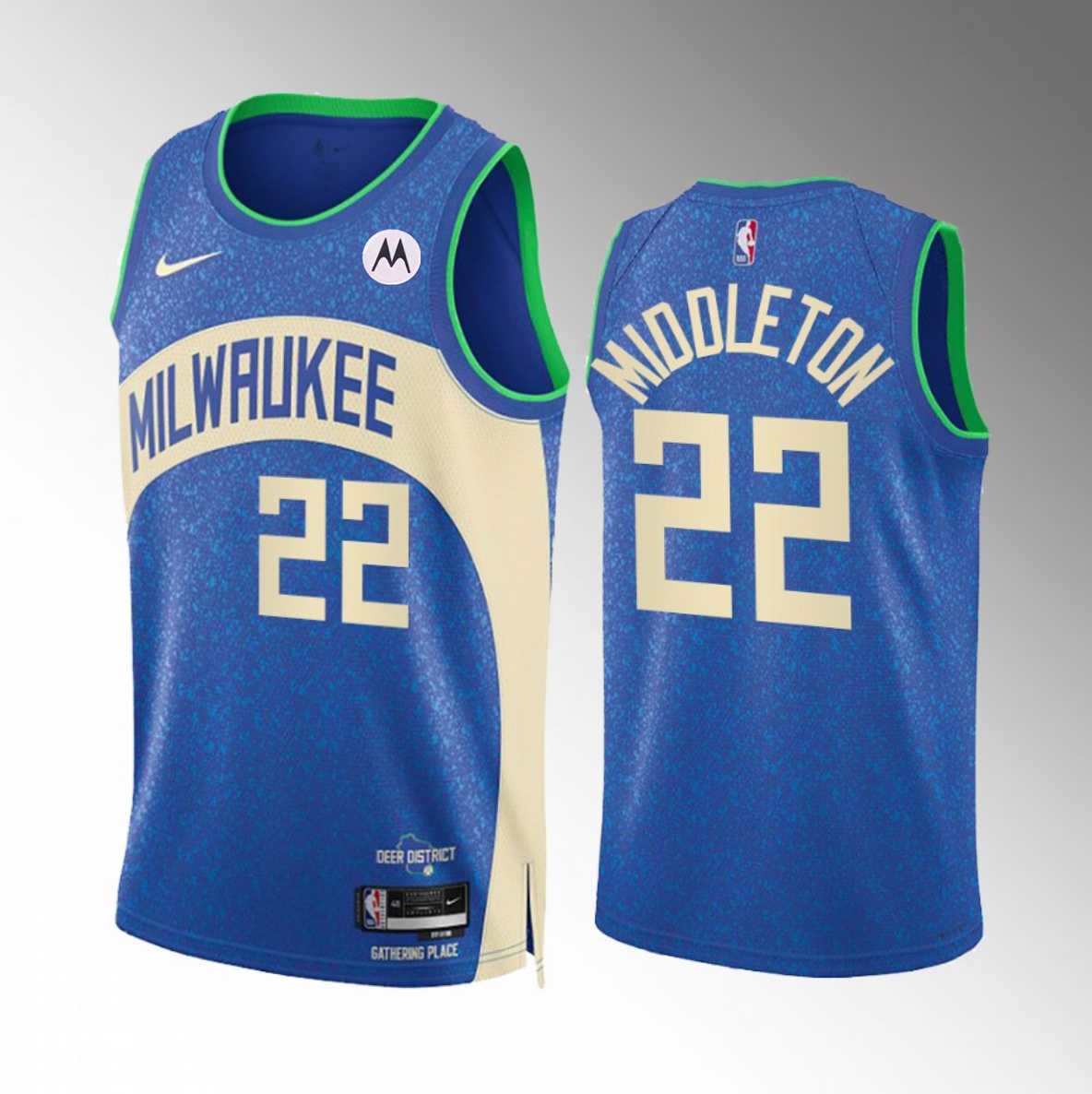 Mens Milwaukee Bucks #22 Khris Middleton Blue 2023-24 City Edition Stitched Basketball Jersey Dzhi
